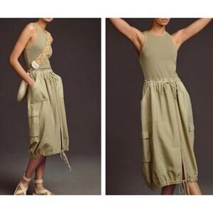 ANTHROPOLOGIE x DAILY PRACTICE High-Neck Tank Twofer Dress Moss Green Sage Sz L